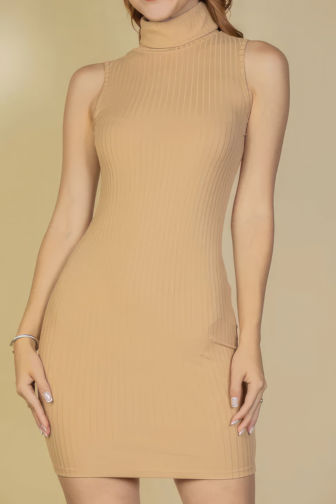 Ribbed Turtle Neck Sleeveless Bodycon Dress