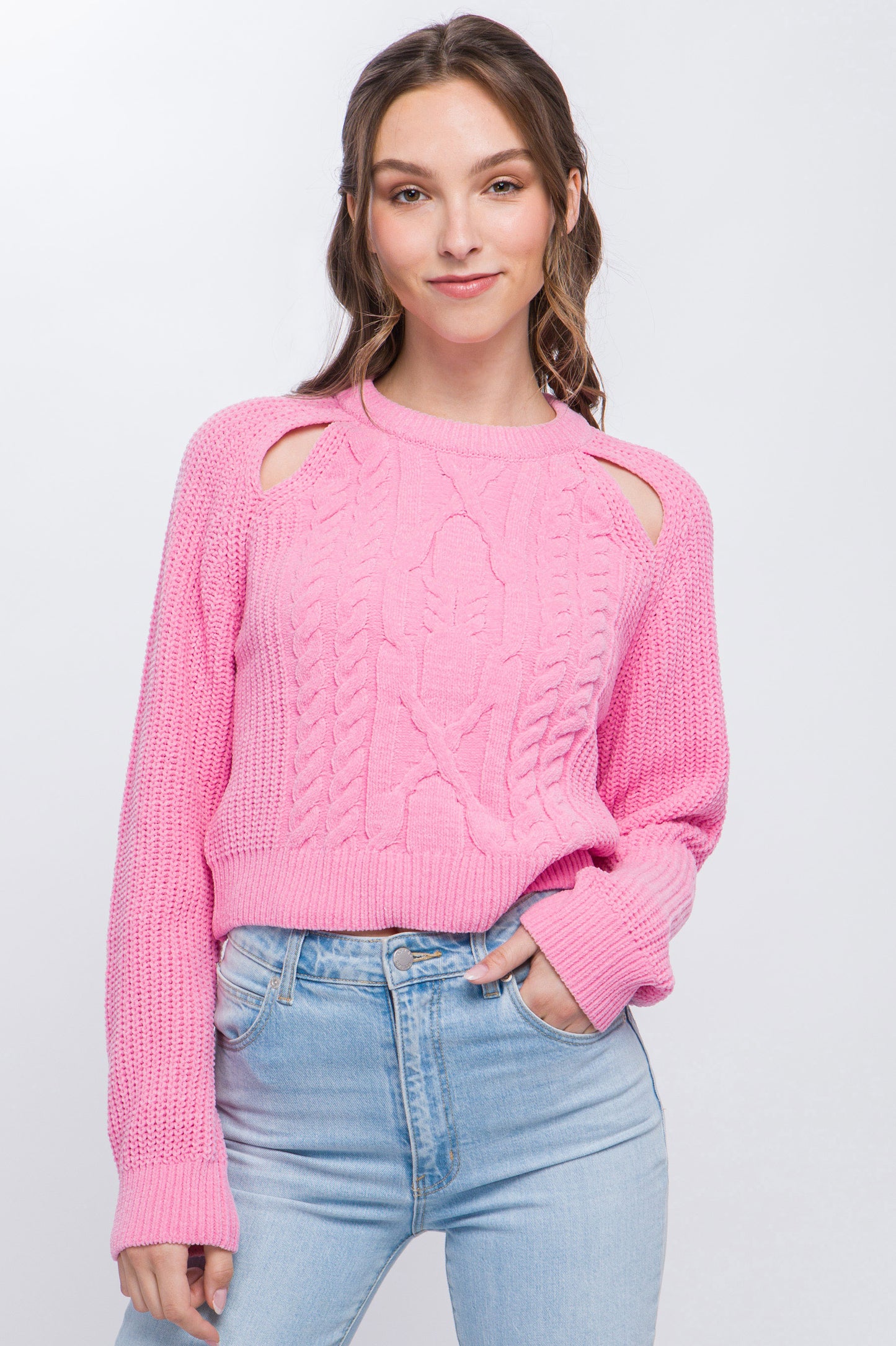 Knit Pullover Sweater with Cold Shoulder Detail