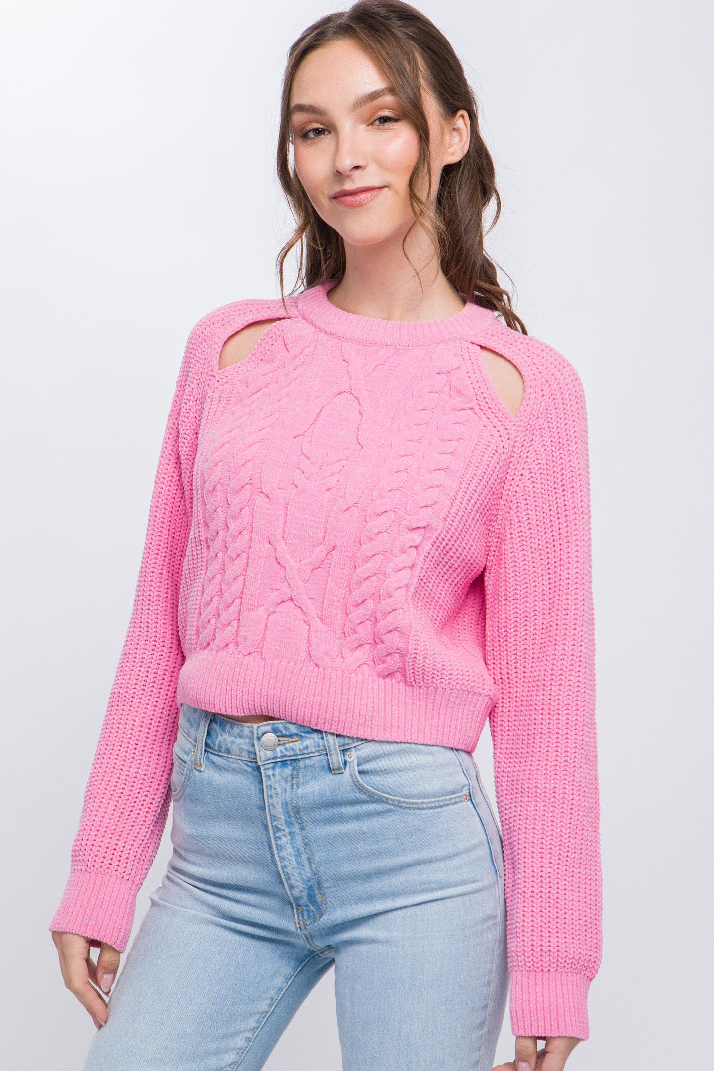 Knit Pullover Sweater with Cold Shoulder Detail