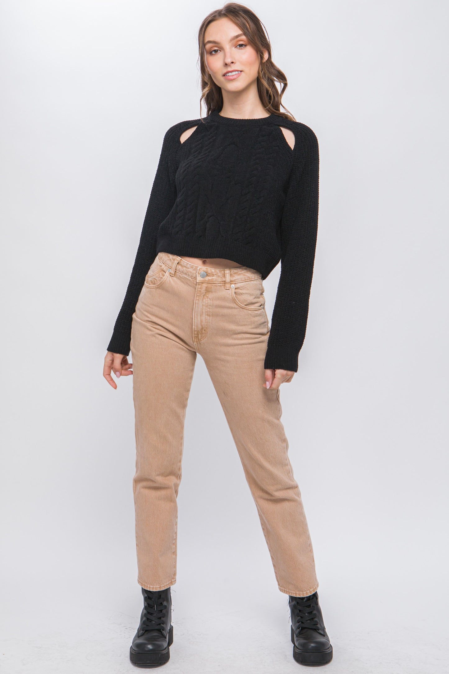 Knit Pullover Sweater with Cold Shoulder Detail