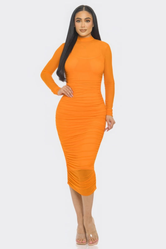 Solid Mesh Ruched Midi Dress for Effortless Elegance and Style