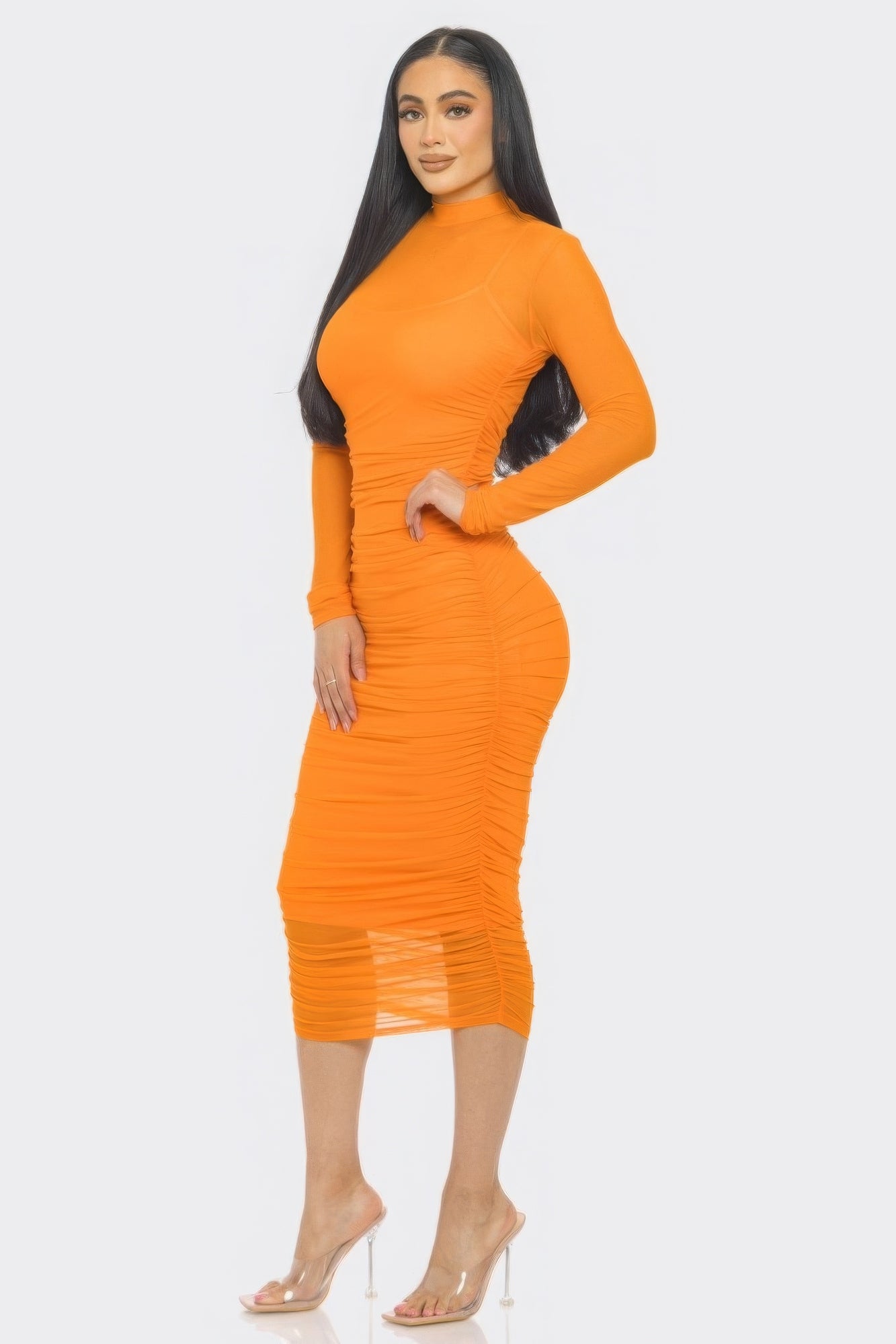 Solid Mesh Ruched Midi Dress for Effortless Elegance and Style