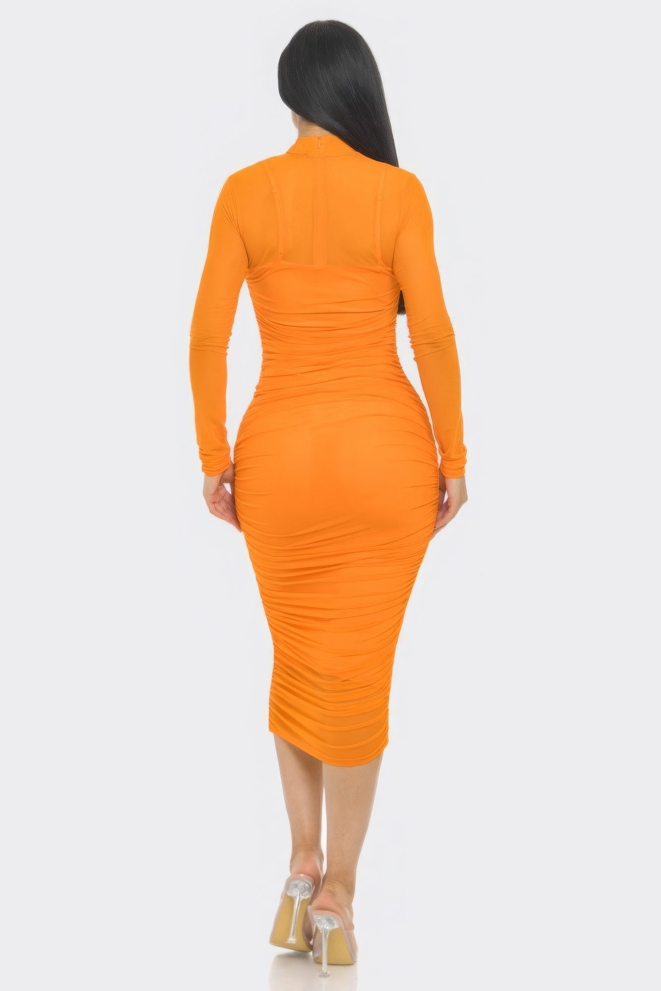 Solid Mesh Ruched Midi Dress for Effortless Elegance and Style