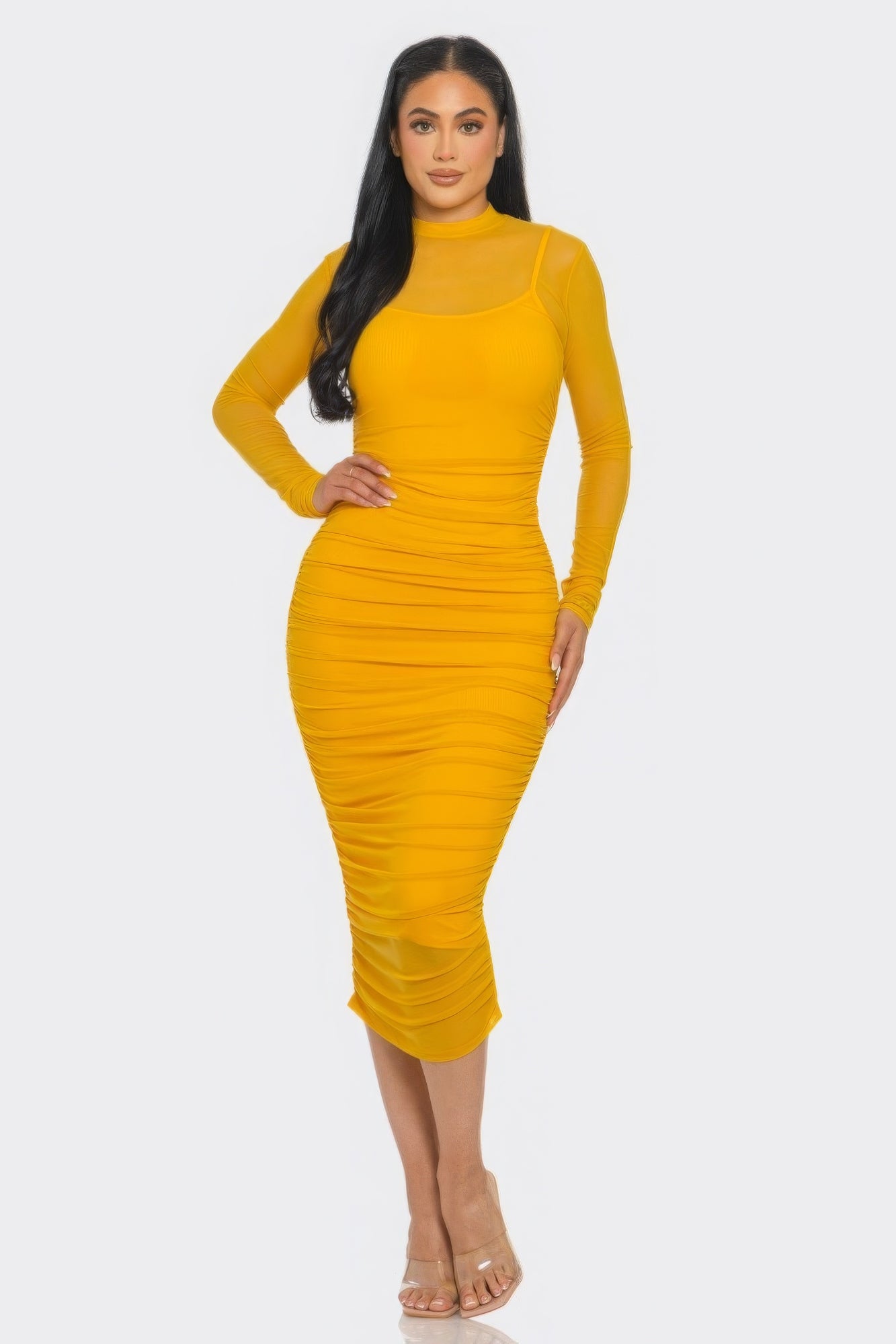 Solid Mesh Ruched Midi Dress for Effortless Elegance and Style