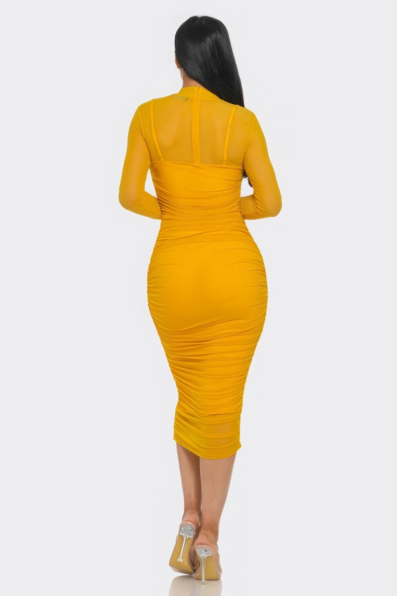 Solid Mesh Ruched Midi Dress for Effortless Elegance and Style