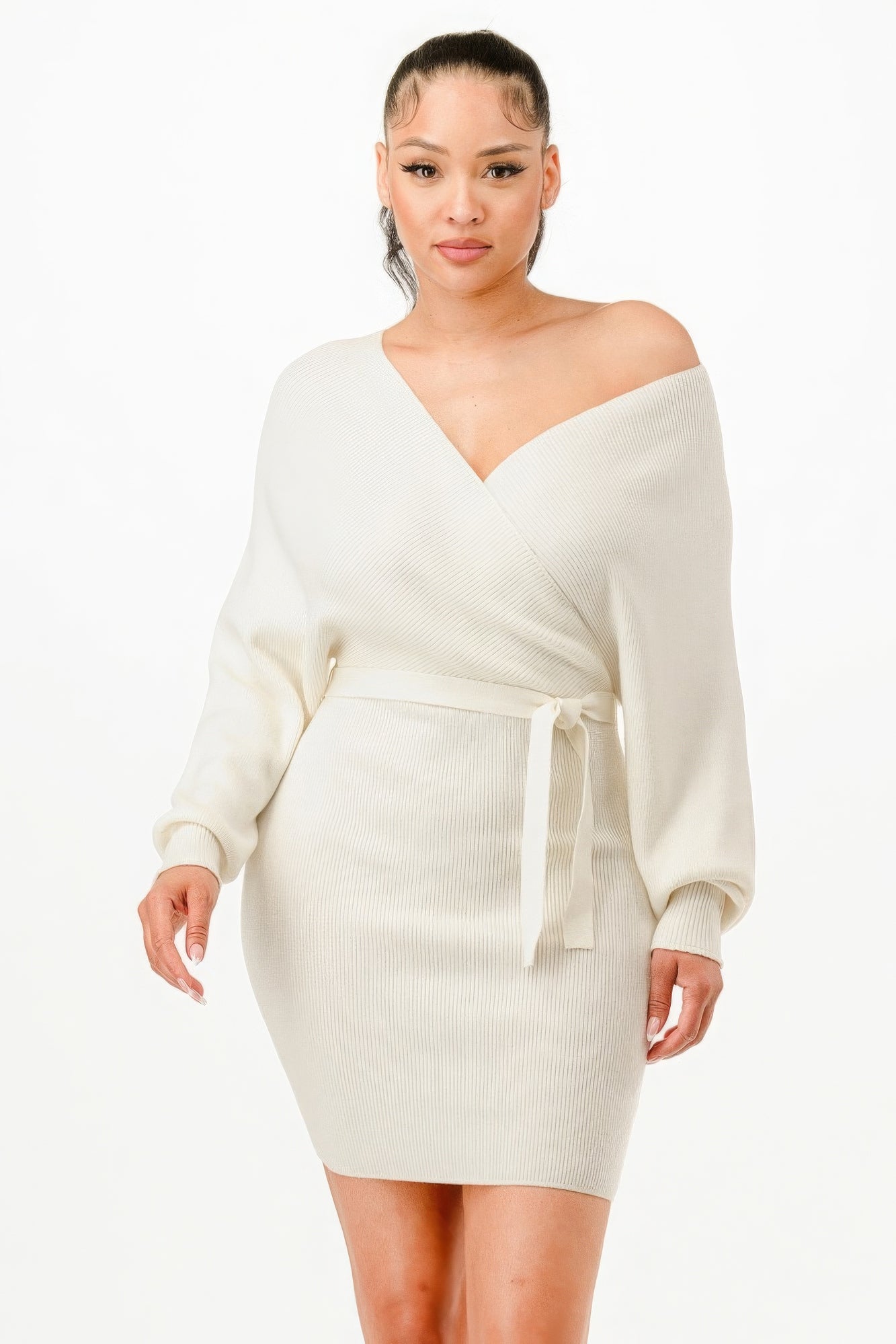 Off Shoulder Wrap Belted Ribbed Sweater Dress